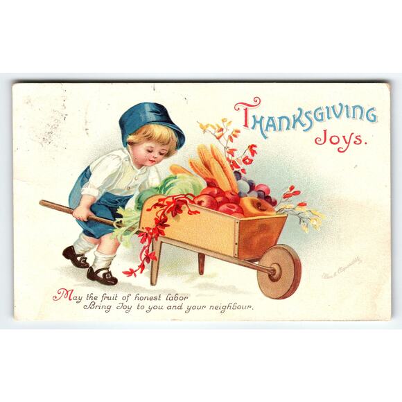 Ellen Clapsaddle Vintage 1915 Thanksgiving Postcard Boy with Wheelbarrow Fruit - Picture 1 of 2